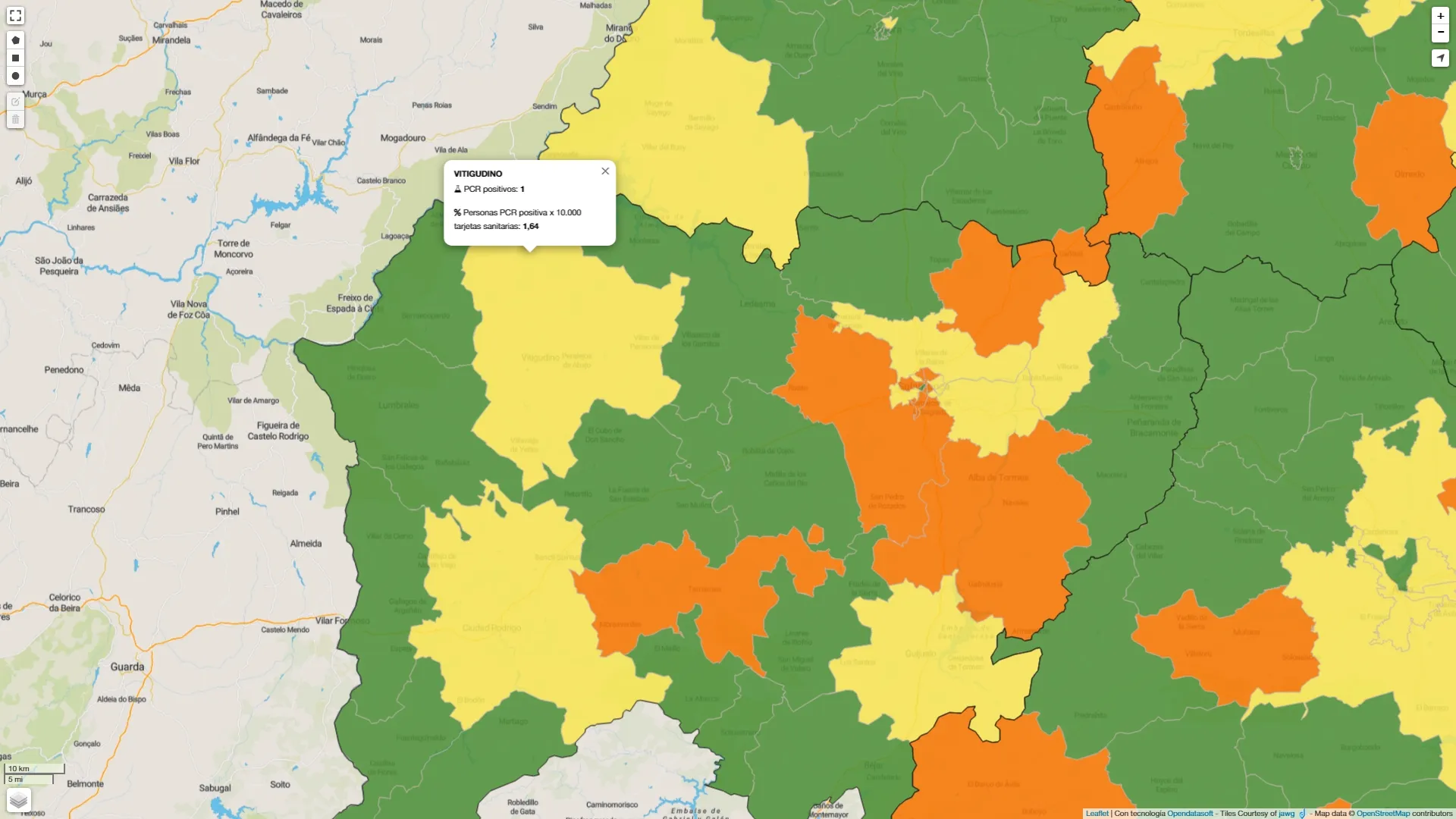  El mapa de contagios en PCR de la última semana vuelve a poner en amarillo a la ZBS de Vitigudino / INFOGRAFÍA: JCyL