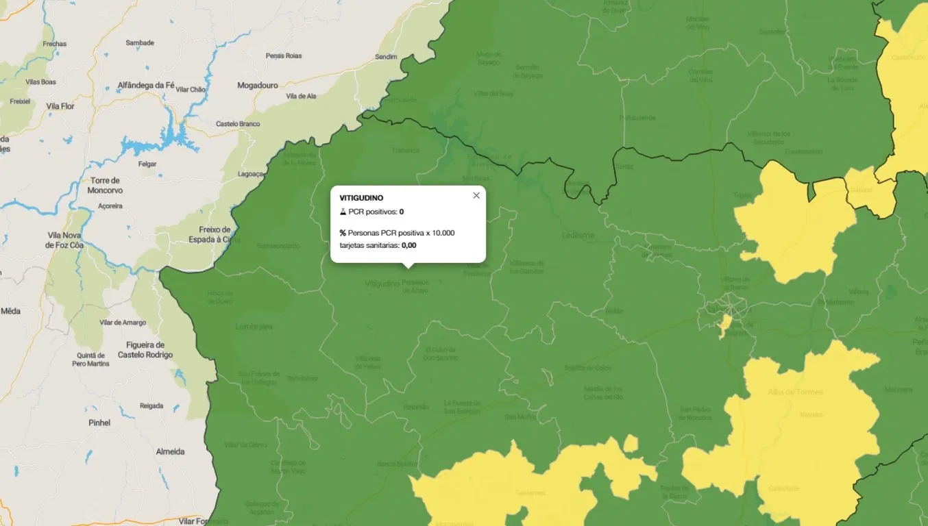 En el mapa de PCRs positivos, la ZBS de Vitigudino vuelve a estar en verde
