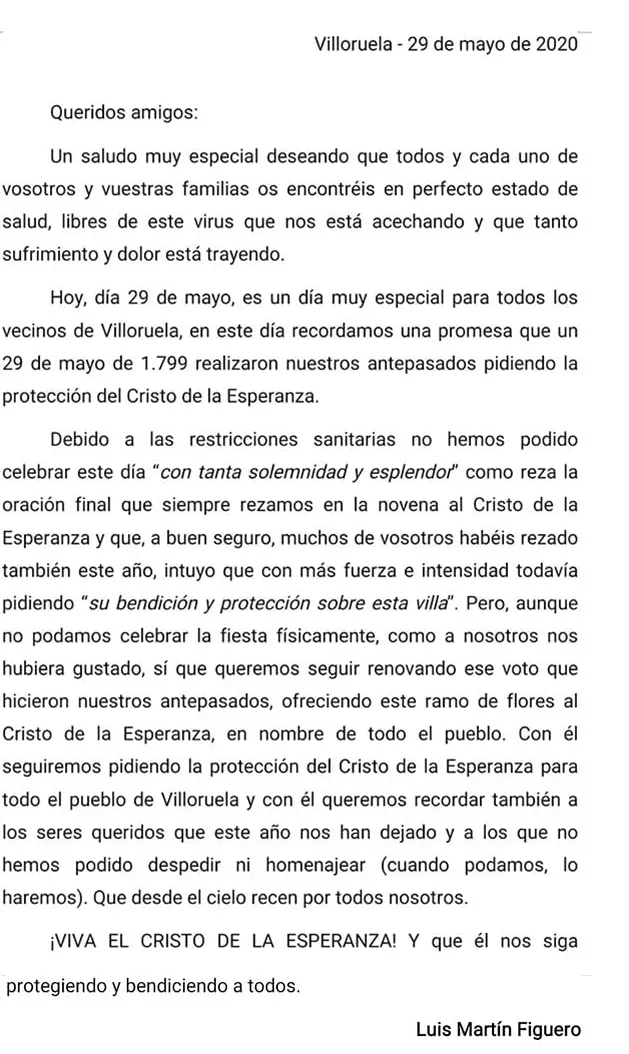 Villoruela pide protección al Cristo de la Esperanza