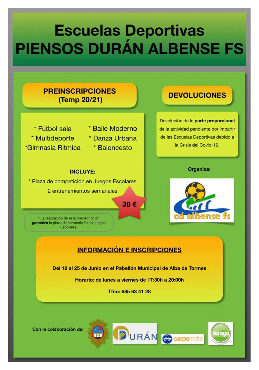 Foto 2 - Abiertas las preinscripciones para las Escuelas Deportivas Piensos Dur&aacute;n Albense 2020/2021