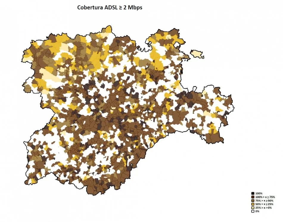 Mapa de las zonas blancas en la región, ausencia de conexión de alta velocidad