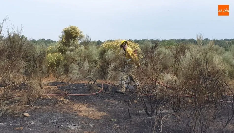 Uno de los bomberos de Vitigudino refrescando la zona tras haber sofocado las llamas