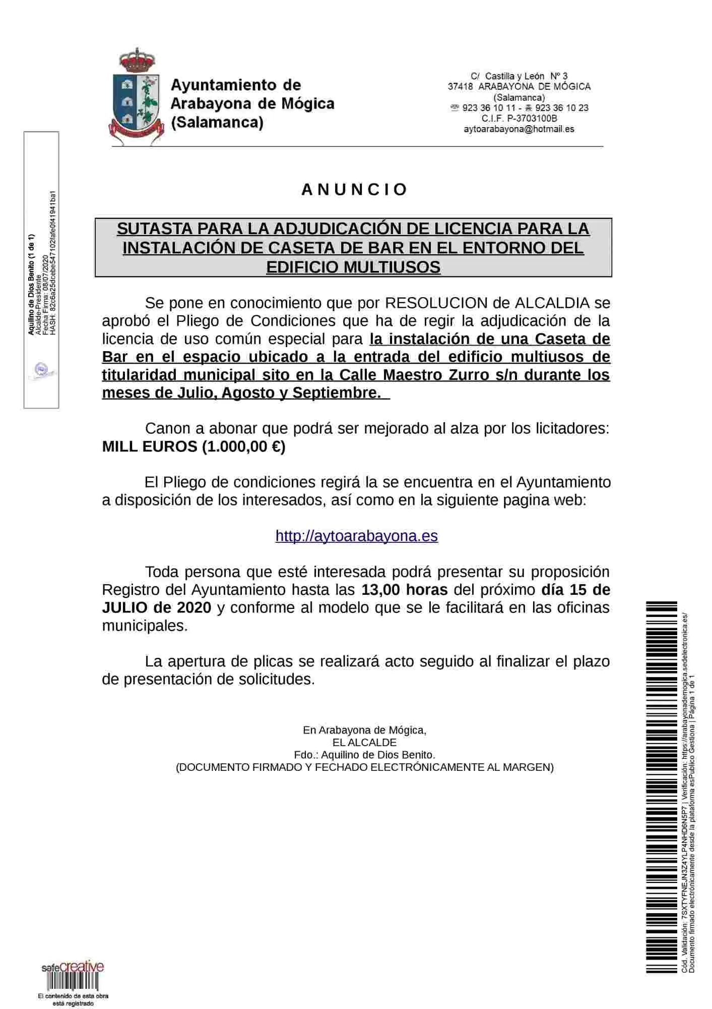 El Ayuntamiento de Arabayona permitirá la instalación de una caseta de bar