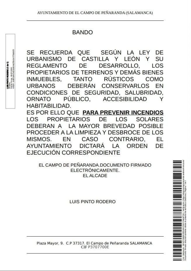 Bando del Ayuntamiento de El Campo de Peñranda.