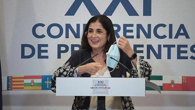 La ministra de Política Territorial y Función Pública, Carolina Darias, en la Conferencia de Presidentes en San Millán de la Cogolla