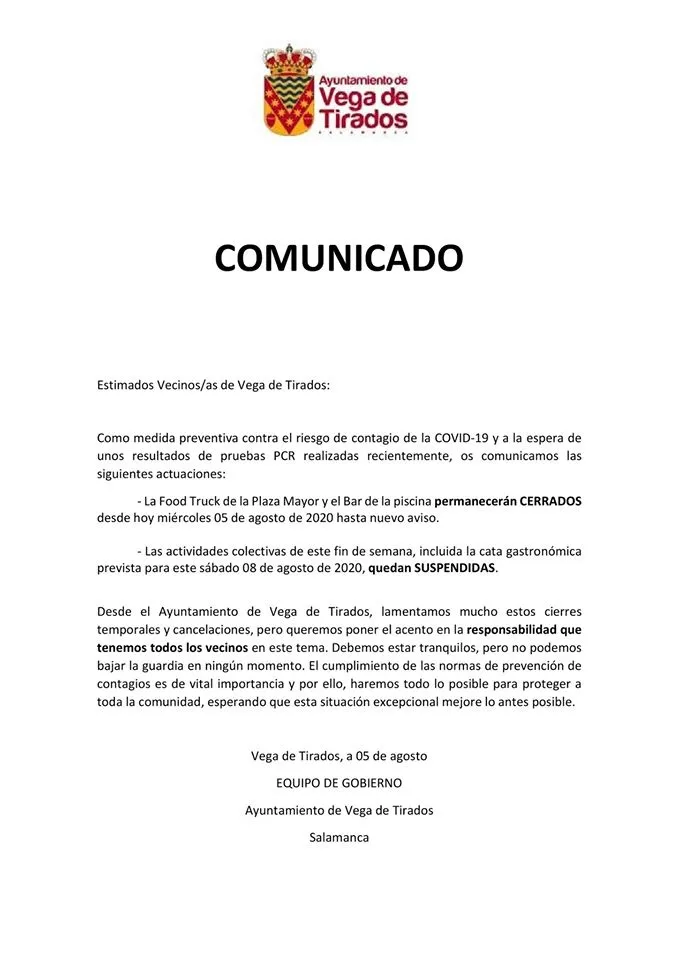 Foto 2 - Vega de Tirados extrema las medidas anti-Covid19 con el cierre temporal de los bares y cancelaci&oacute;n ...