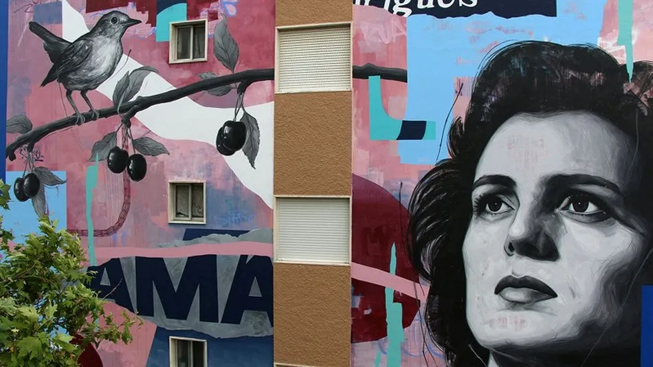 Detalle del mural Amália en una calle de Fundão/ Fotografía: Frederico Draw