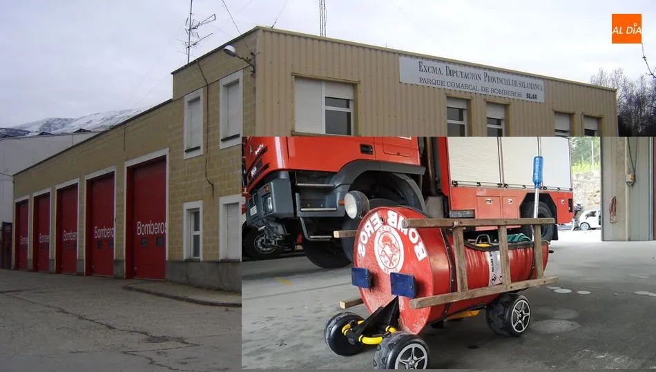 Exposición de camiones de bomberos con materiales reciclados