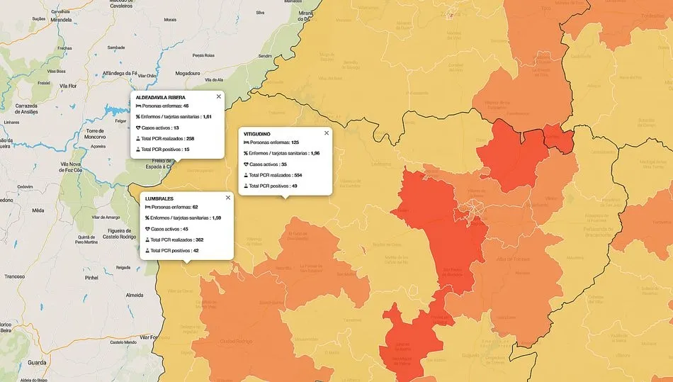 Mapa de datos acumulados de las tres zonas de salud de Arribes