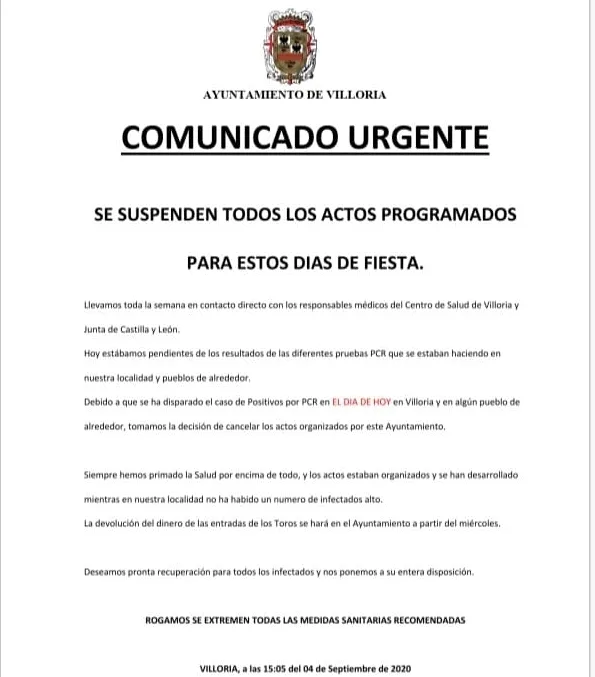 Suspenden todos los actos programados para las fiestas de Villoria