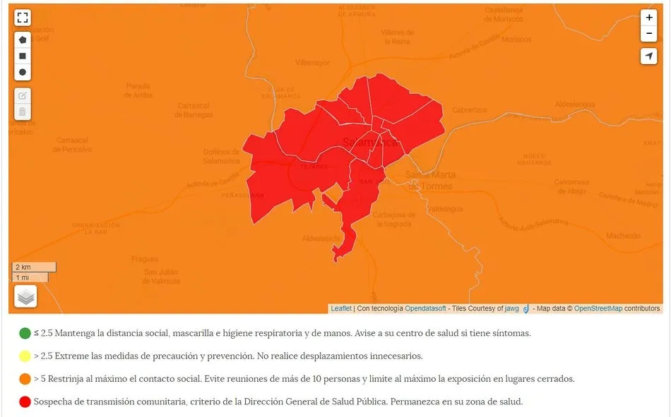 Salamanca capital en rojo en el mapa de la Junta