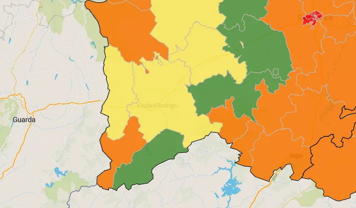Fuenteguinaldo entra en naranja, Fuentes de Oñoro en amarillo, y Robleda y Tamames vuelven al...