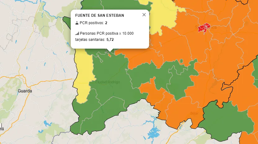 La Fuente sube a naranja, Fuentes de Oñoro baja a amarillo y Fuenteguinaldo vuelve al verde  