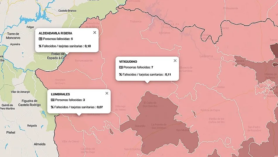 Mapa con la evolución de los fallecidos en Arribes por coronavirus