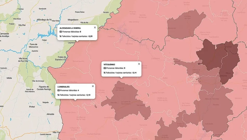Mapa acumulado de fallecidos por Covid-19 en Arribes durante la pandemia