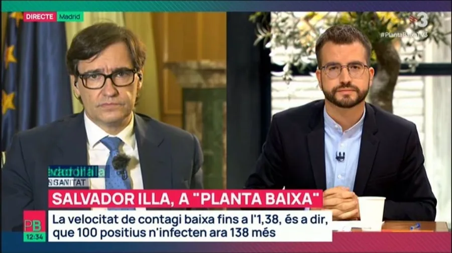 El ministro de Sanidad, Salvador Illa, durante una entrevista en el programa Planta Baixa de TV3, este miércoles 28 de octubre al mediodía. Foto EP