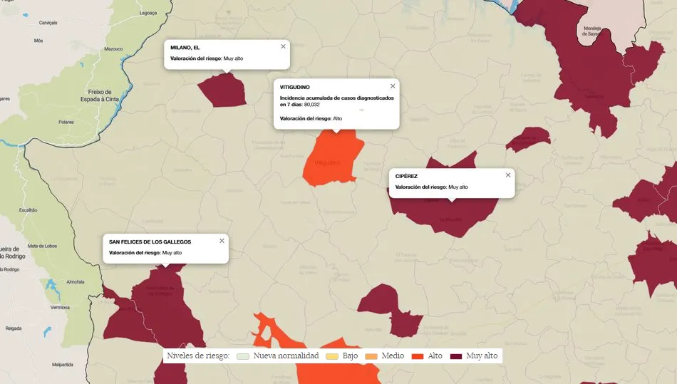Mapa de la comarca de Las Arribes con los municipios y su Índice de riesgo en la última semana