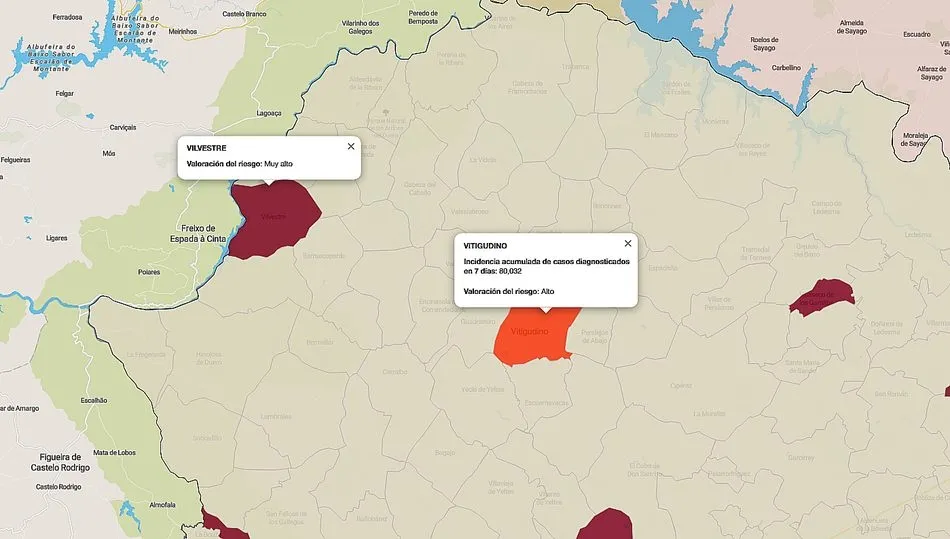 En el mapa de índice de riesgo solo aparecen Vitigudino y Vilvestre como municipios con contagios