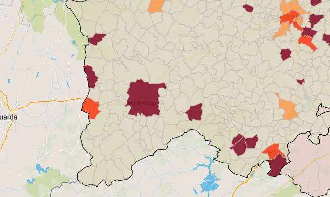 En granate, los municipios con riesgo Muy Alto, y en naranja, los que están con riesgo Alto
