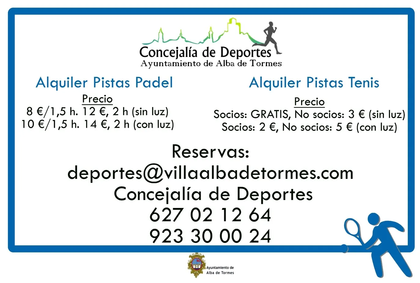 Precios para el alquiler de las pistas de tenis y pádel