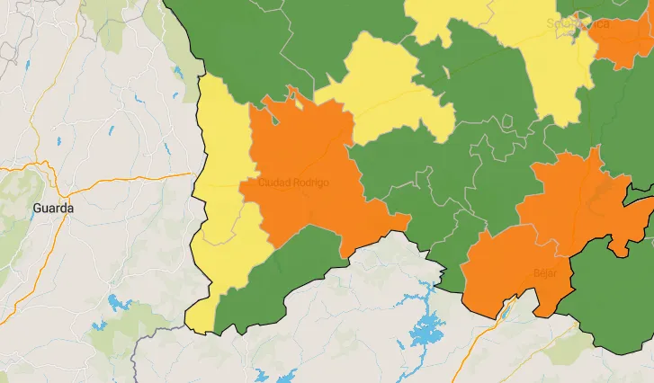 Las zonas de Fuentes de Oñoro, Fuenteguinaldo y La Fuente de San Esteban entran en amarillo  