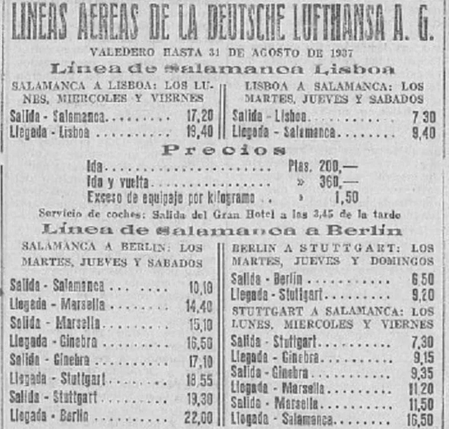 Anuncio de El Adelanto de los vuelos internacionales de Matacán en 1937