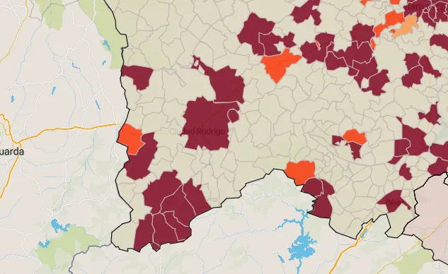 Mapa de la comarca en el que se ven los municipios en riesgo Alto o Muy Alto