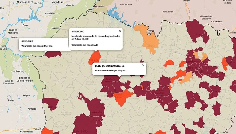 En el mapa de índice de riesgo aparecían este 12 de enero Vitigudino y Saucelle como municipios con nuevos contagios