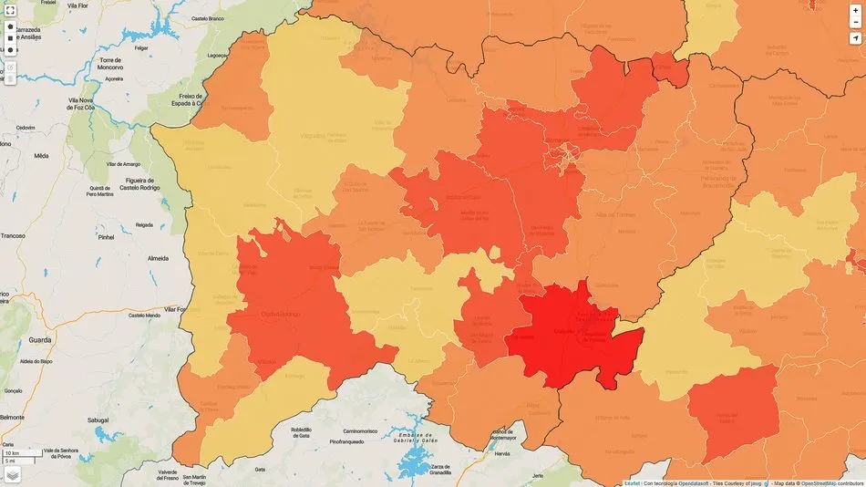 Mapa provincial con el nivel de riesgo marcado como muy alto en Guijuelo - JCyL