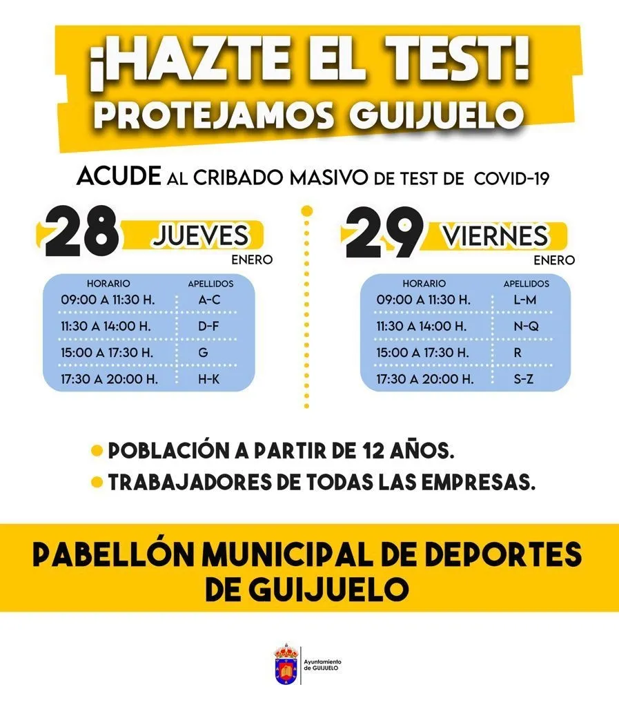 Cribado masivo en Guijuelo este jueves y viernes para frenar la alta incidencia de la Covid-19