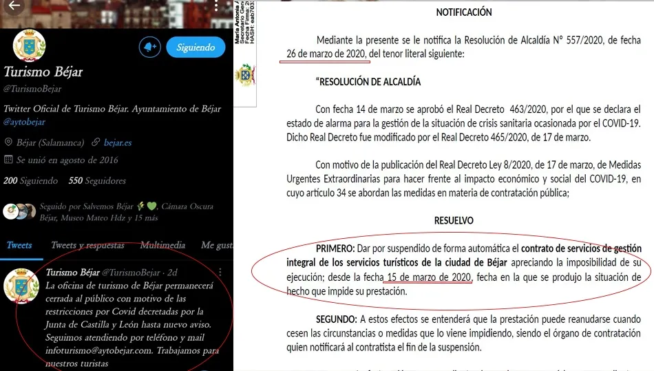 El Ayuntamiento de Béjar cierra la Oficina de Turismo