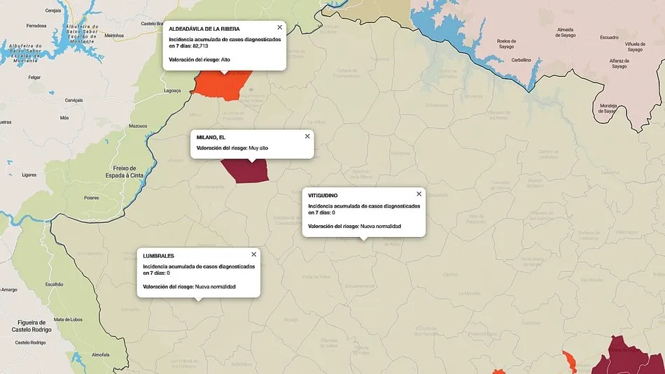 Mapa de índice de riesgo por municipios sobre casos diagnosticados en los últimos siete días / FUENTE: JCYL