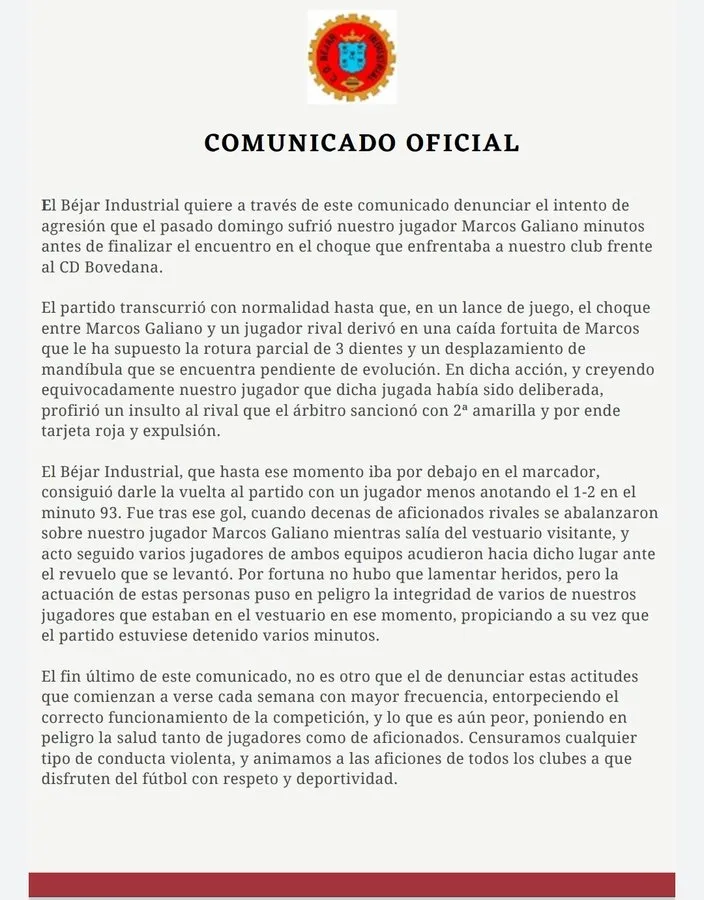 Foto 2 - El B&eacute;jar denuncia un intento de agresi&oacute;n al jugador Marcos Galiano por parte de aficionados de la ...