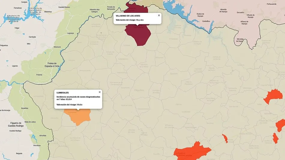 Mapa de índice de riesgo por municipios sobre casos diagnosticados en los últimos siete días / FUENTE: JCYL