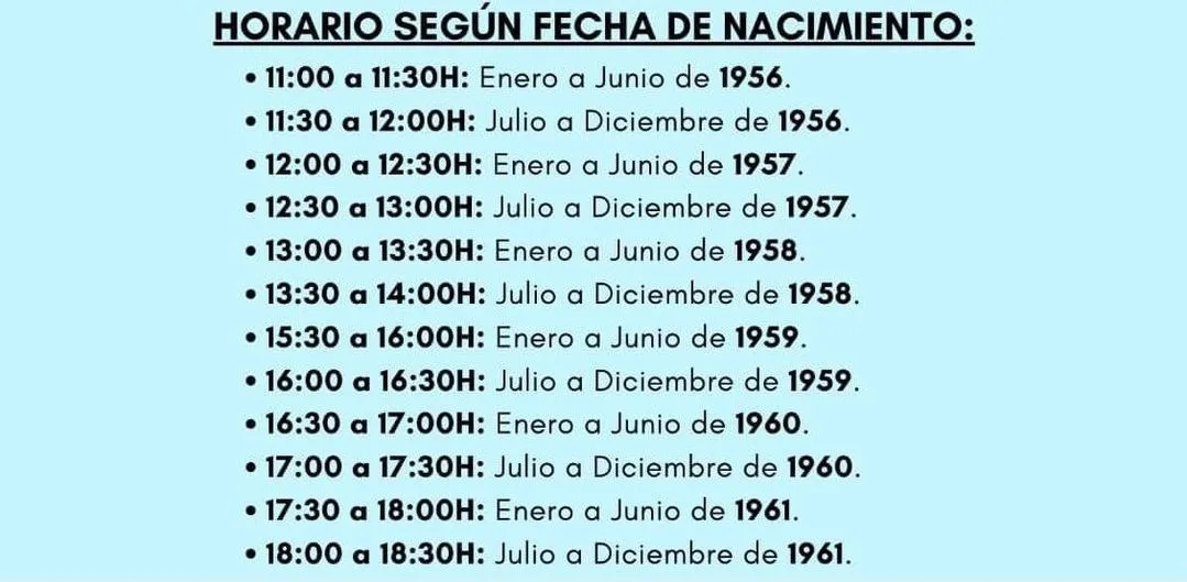 Horarios para la vacunación contra el Covid-19, personas nacidas entre 1956 y 1961