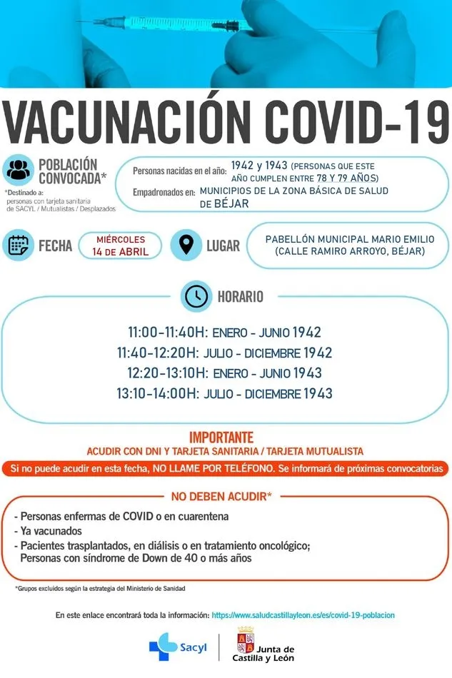 Foto 2 - El pr&oacute;ximo mi&eacute;rcoles se vacunar&aacute; en B&eacute;jar a las personas de 78 y 79 a&ntilde;os