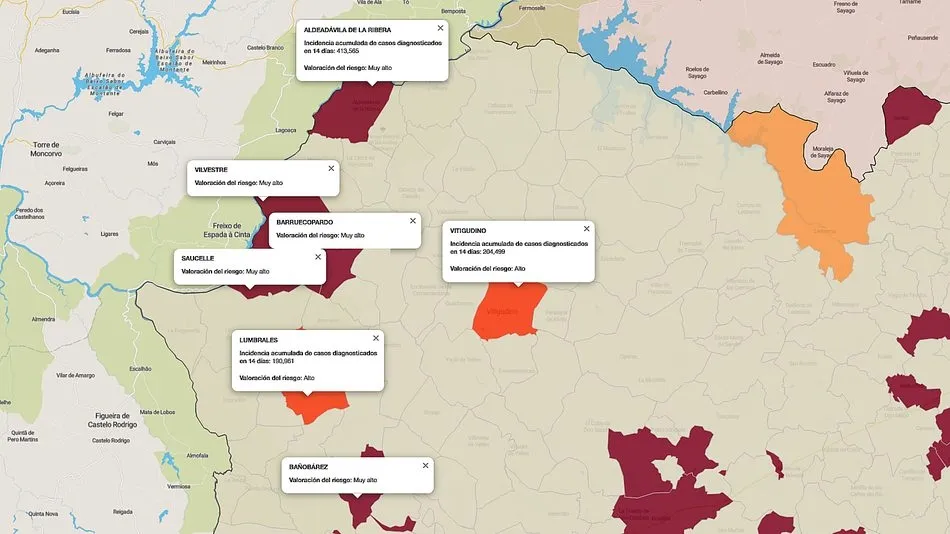 Mapa de índice de riesgo de las dos últimas semanas con los pueblos de la comarca afectados por covid / FUENTE: JCyL