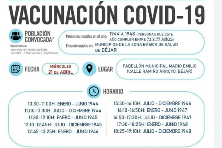 Foto 2 - Nueva vacunaci&oacute;n masiva en B&eacute;jar, para los que cumplan entre 73 y 77 a&ntilde;os en 2021