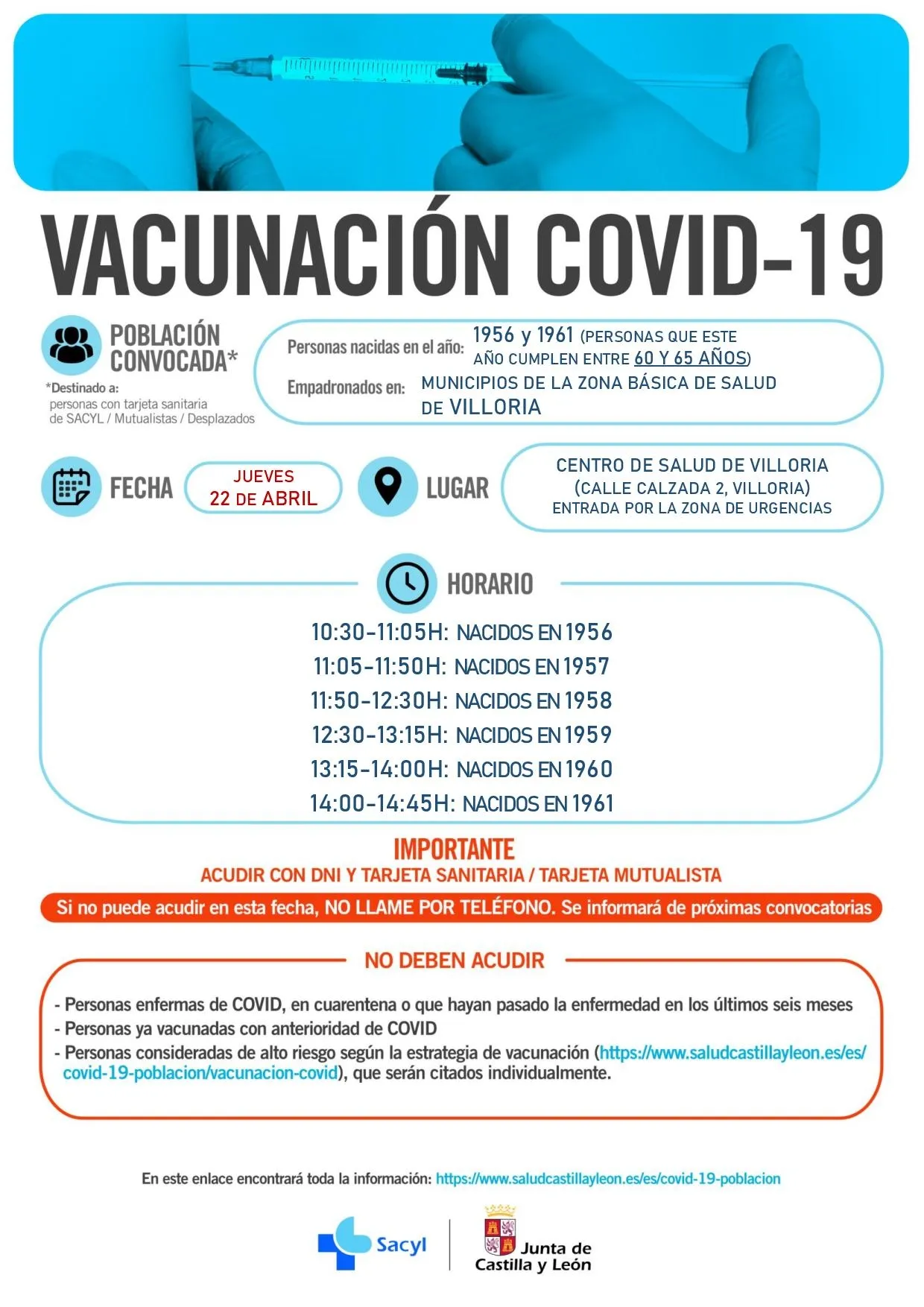Convocan a los nacidos entre 1956 y 1961 de la zona de salud de Villoria para recibir la vacuna
