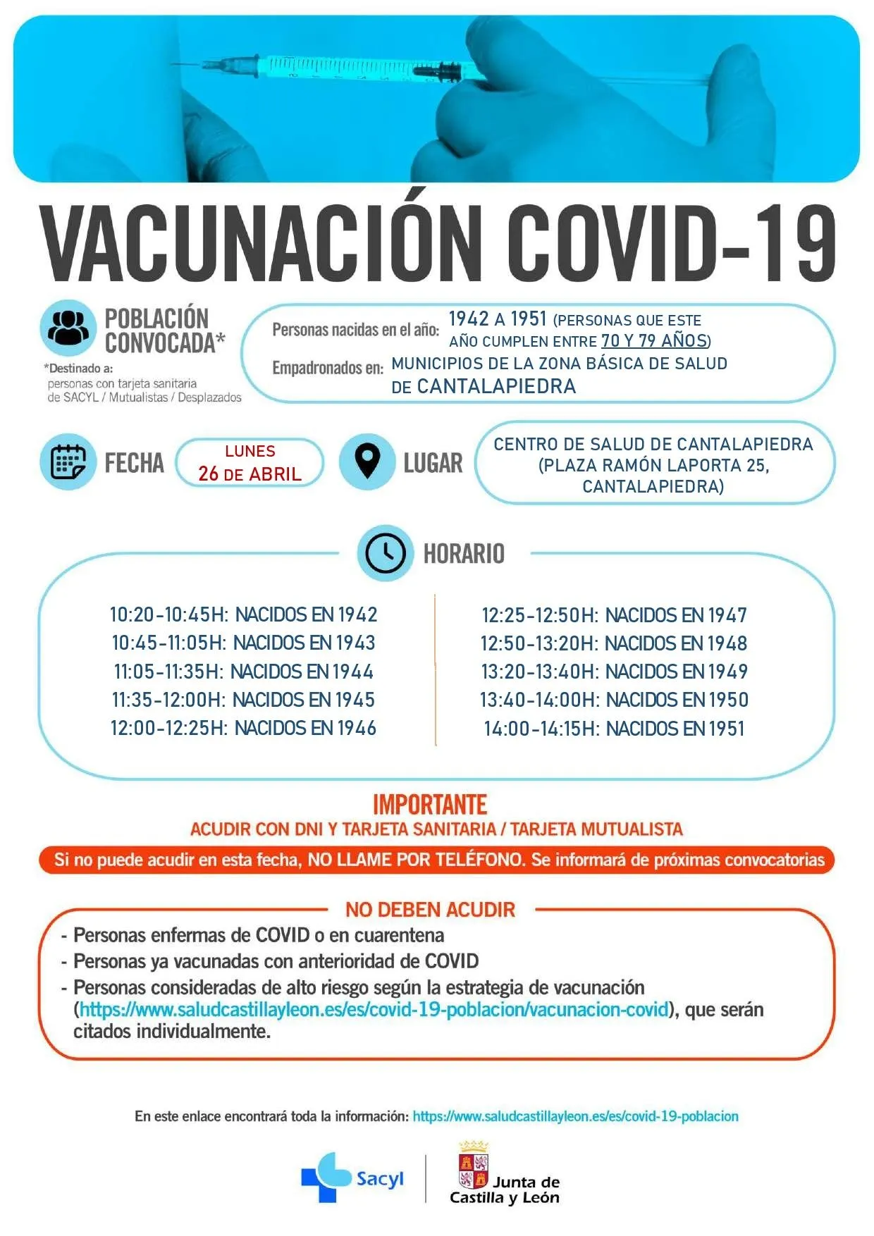 Segunda convocatoria de vacunación Covid-19 por edades en la zona de salud de Cantalapiedra
