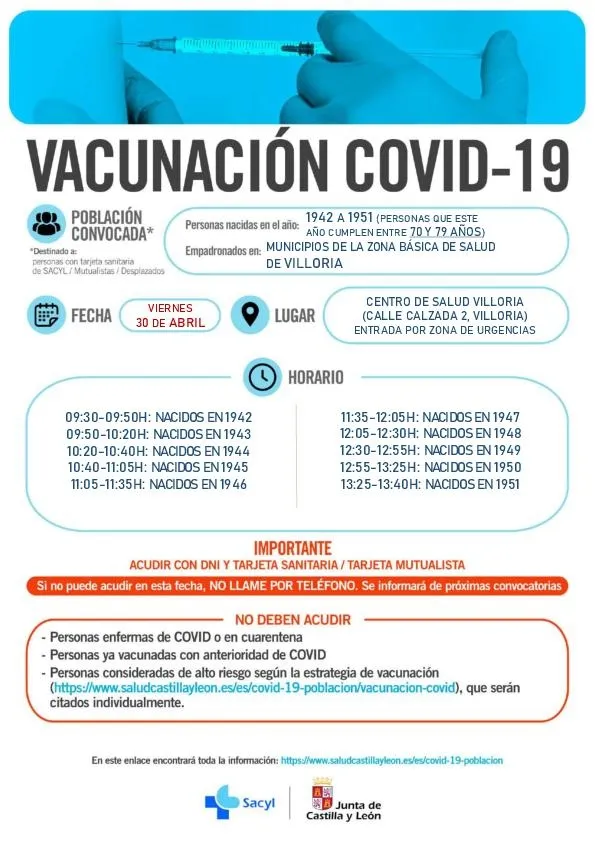 Convocan a vacunarse en Villoria a quienes cumplen entre 70 y 79