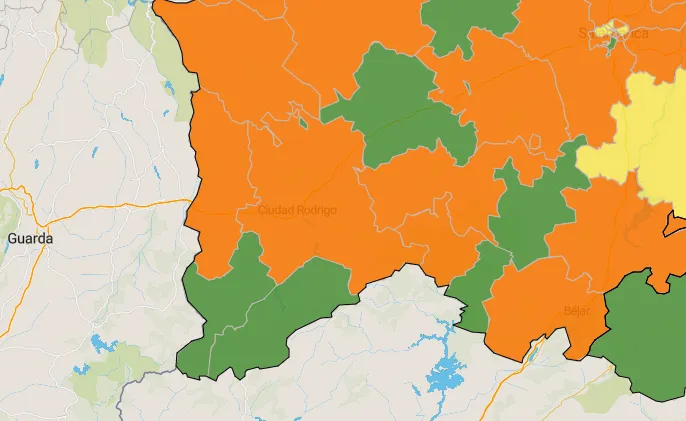 La Zona de La Fuente sale del color naranja mientras que la Zona de La Alberca regresa al mismo  