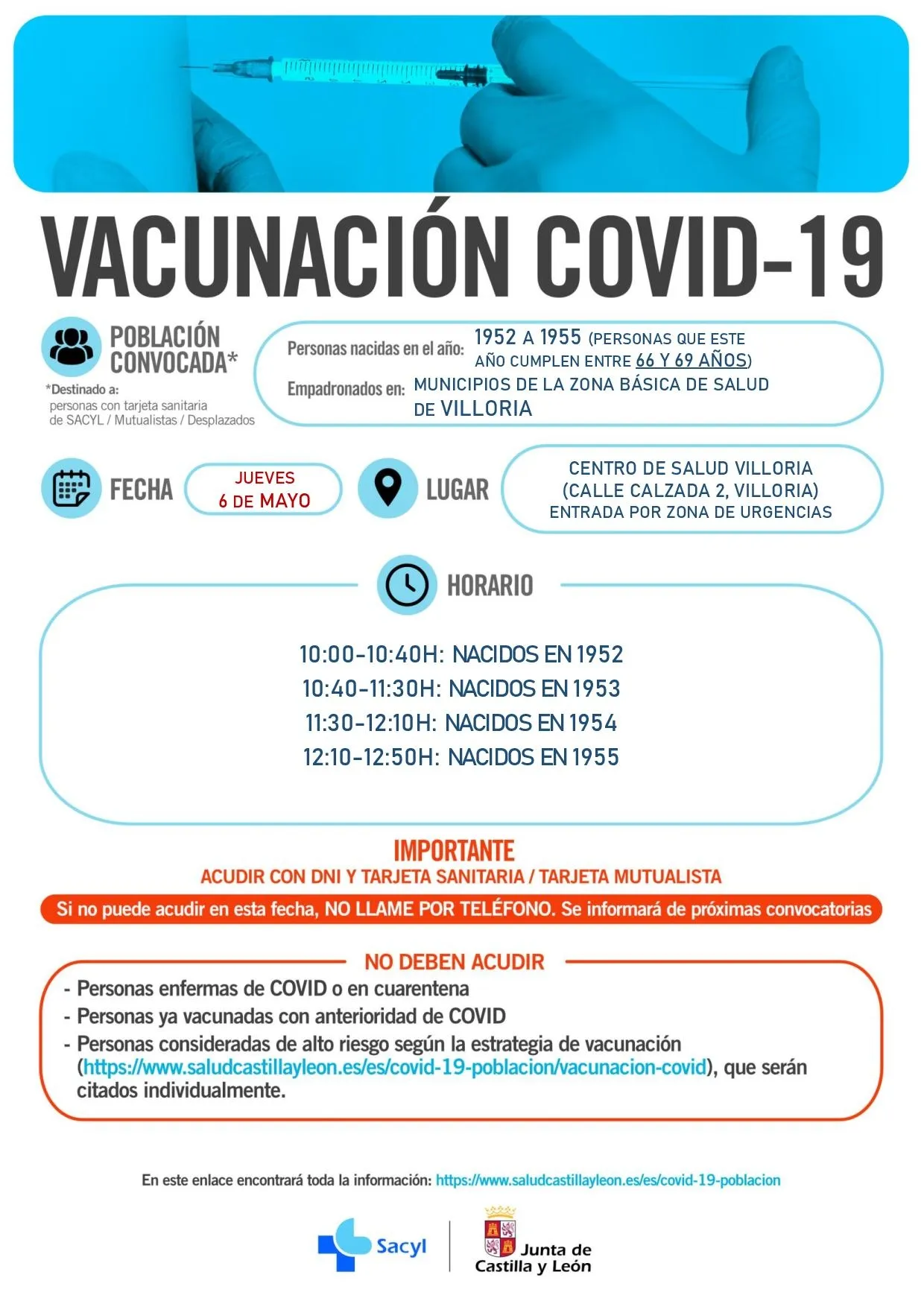 Este jueves vacunan en Villoria a quienes cumplen entre 66 y 69 años