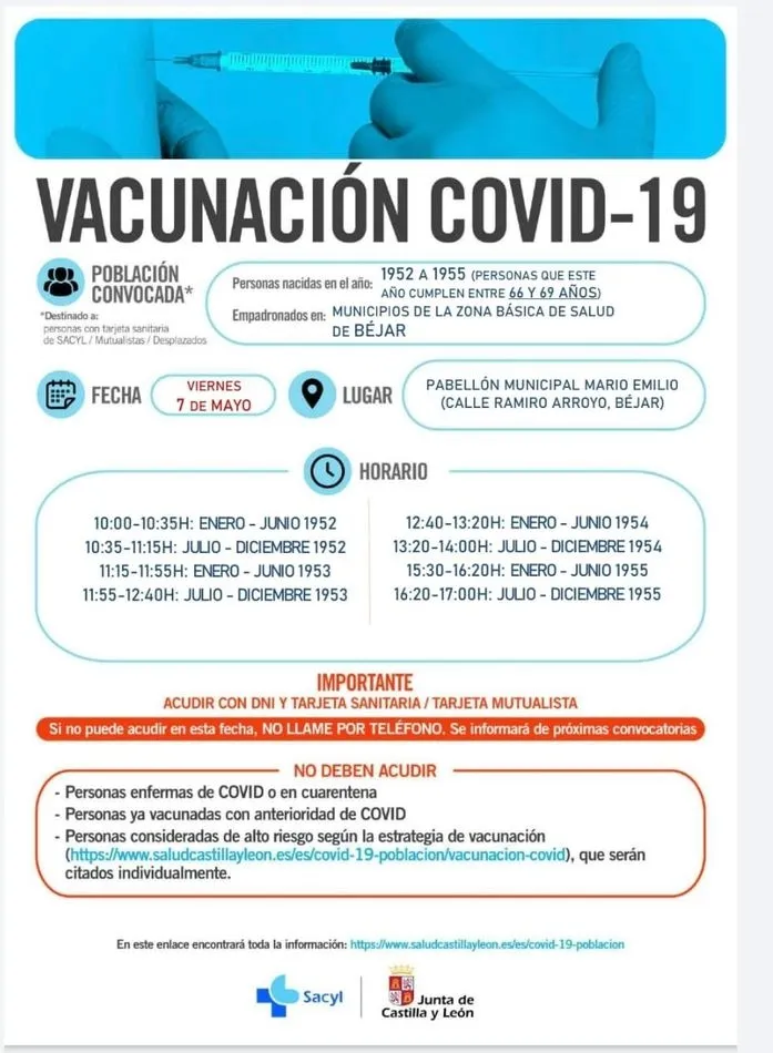 Foto 2 - Vacunaci&oacute;n masiva en B&eacute;jar el 7 de mayo para nacidos entre 1952 y 1955