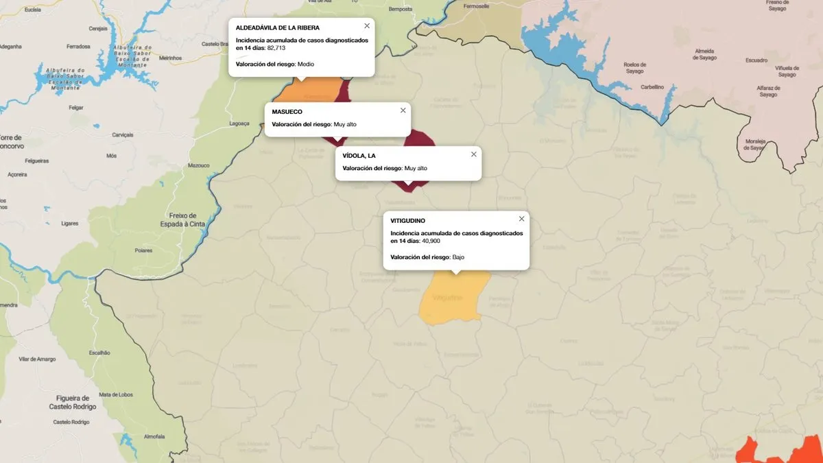Mapa de indice de riesgo correspondiente a las zonas de salud de Vitigudino, Lumbrales y Aldeadávila / FUENTE: JCyL