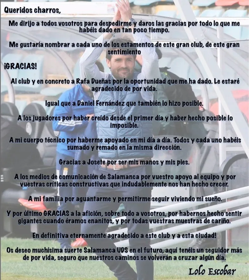 Foto 2 - Lolo Escobar anuncia que no seguir&aacute; como entrenador del Salamanca UDS la pr&oacute;xima campa&ntilde;a