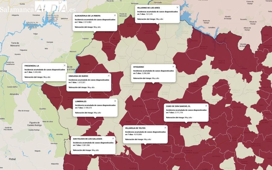 Mapa de incidencia de riesgo con los municipios más afectados / FUENTE: JCyL