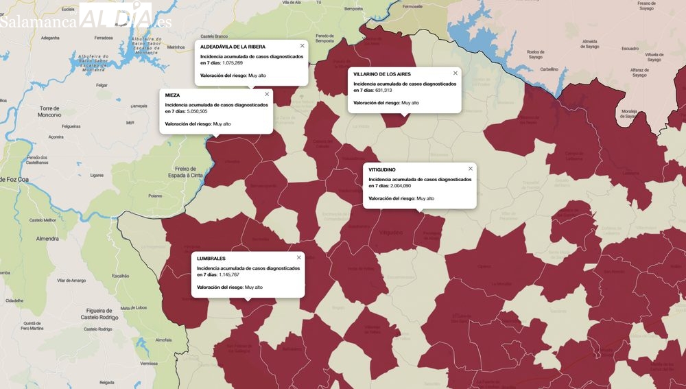 Mapa de indice de riesgo a 7 días con los municipios que presentan el mayor número de contagios de Las Arribes  / INFOGRAFÍA CORRAL | FUENTE: JCyL