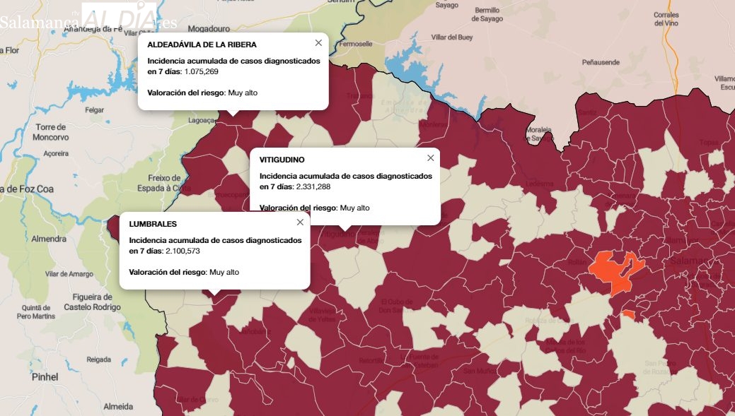 Mapa de incidencia de riesgo de siete dias con los municipios más afectados / FUENTE: JCyL
