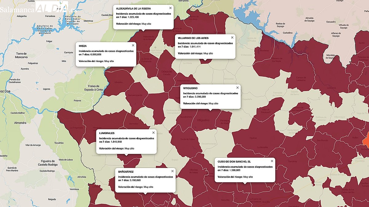 Mapa de incidencia de riesgo con algunos de los municipios que mayor incidencia de riesgo presentan / FUENTE: JCyL